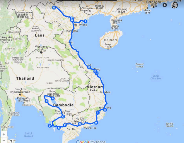 A backpacking route through Cambodia and Vietnam