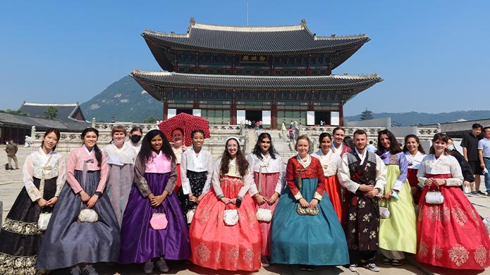 TravelBud teachers embrace Korean culture in traditional hanbok during a week of Cultural Orientation in South Korea