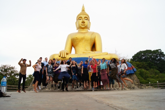 TESOL students getting crazy in front of the Khao Tao Buddha Statue