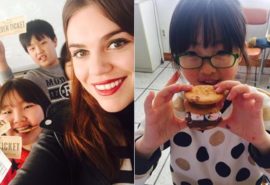 Grace with her kids in South Korea.