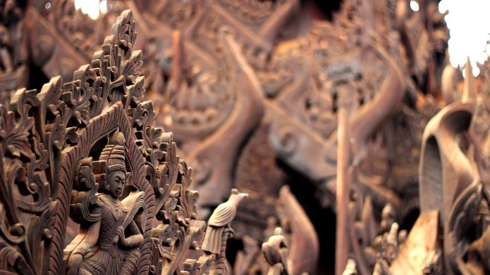 Detailed woodwork at the Mya Thida Monastery