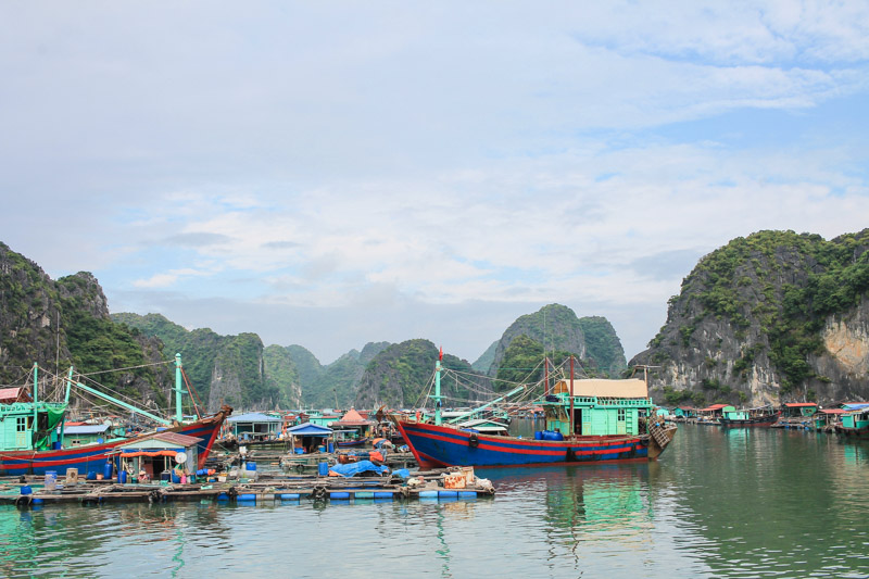 colorful boats in Cat Ba with limestone karsts in the background